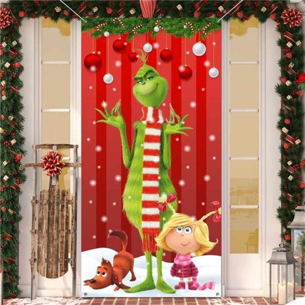 Grinch Christmas Decorations The Grinch Door Cover Red Backdrop Funny Christmas